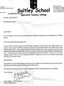 Saltley School letter