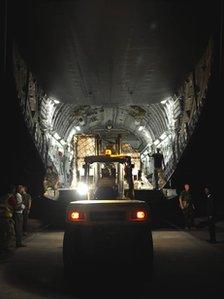 Dulas's solar vaccination fridges being loaded onto an RAF C17 Globemaster