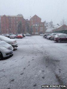 Snow on the Metropole Hotel in Llandrindod Wells on Thursday