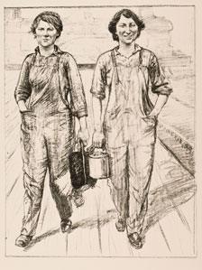 A.S. Hartrick, On the Railways Engine and Carriage Cleaners, Women's Work portfolio, Amgueddfa Cymru - National Museum Wales