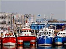 A flotilla of French fishing boats blockade the Channel port of Boulogne-sur-Mer