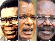 (From left) Equatorial Guinea's President Teodoro Obiang, Congo's President Denis Sassou-Nguesso and Gabon's late President Omar Bongo