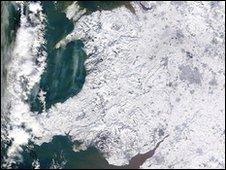 Image of icy Wales from the Nasa satellite Terra, issued by the University of Dundee