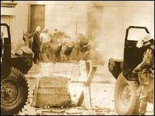 Soldiers man a barricade on Bloody Sunday