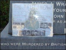 A handmade appeal on the base of the Bloody Sunday memorial in Derry