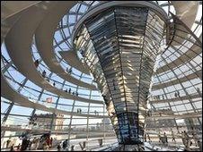 The inside of the dome on top of the German Parliament