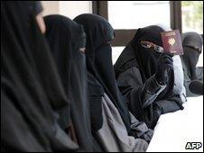 Veiled Muslim women attend a meeting in Montreuil, outside Paris, 18 May