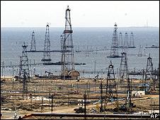 Old oil derricks south of Baku, Azerbaijan