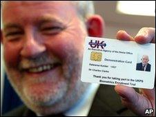 Then Home Secretary Charles Clarke with his trial identity card printed in 2005