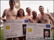 NO2ID campaigners pose for photographers in Parliament Square on 18 October 2005