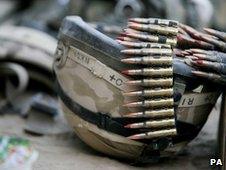 British soldier's helmet and bullets