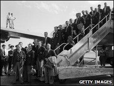 England team arrives back at Heathrow after failure in the World Cup, 10 July 1950