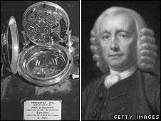 John Harrison next to one of his marine chronometers