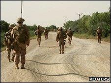 US marines on patrol in Marjah, Helmand, on 19/5/2010