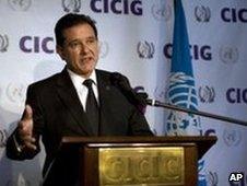 Carlos Castresana announces his resignation at a news conference in Guatemala City