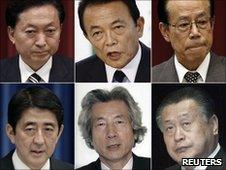 Former Japanese prime ministers since 2000; (top row L-R) Yukio Hatoyama (2009-2010), Taro Aso (2008 - 2009), Yasuo Fukuda (2007 - 2008), (bottom row L-R) Shinzo Abe (2006 - 2007), Junichiro Koizumi (2001 - 2006) and Yoshiro Mori (2000 - 2001)