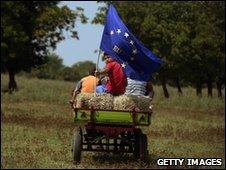 Bulgarian farmer holding European flag