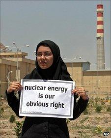 An Iranian woman holds a banner in support of Iran's nuclear programme at the Isfahan Uranium Conversion Facility, 2005