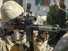 Cpl Tony Galacki using a Sharpshooter Rifle in Sangin, Helmand