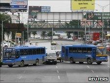 Stolen buses used as a roadblock in Monterrey on 9/6/2010