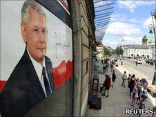 An election poster of Jaroslaw Kaczynski seen in Warsaw on 16 June 2010