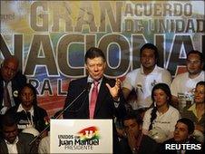 Juan Manuel Santos at a campaign rally in Bogota, 18 June 2010