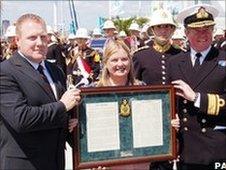 Maj Pete Curtis (right), Cllr Mary Champion and Rear Adm Tom Cunningham (right)