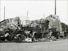 Tomato lorries damaged in the bombing of St Peter Port Harbour on 28 June 1940