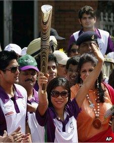 Indian athletes with the Commonwealth Games baton at Wagah border on 25 June 2010