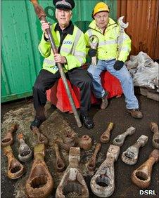 Police officer Bill Johnson and Dounreay worker with spanners. Pic: DSRL