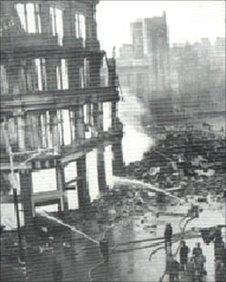 Fiery shell of Ben Evans department store (West Glamorgan Archive Service)