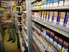 Tobacco products displayed in shop