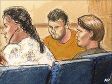 Artist's impression of some of the arrested Russian spy suspects in a New York courtroom