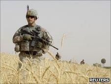 US soldier on patrol in Gorgan, Dand district, Afghanistan (28 June 2010)