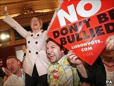 No campaigners celebrate after Ireland rejected the Lisbon Treaty in 2008