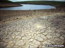 The New Year's Bridge Reservoir near the village of Denshaw shows very low water levels