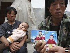 Li Xiaoquan and wife Li Aiqing with picture of twins, one of whom died from melamine-tainted milk, 2008