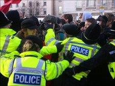 Police and protesters in Leeds (picture by Cleo Howard)