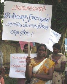Protest last year in the northern Sri Lankan town Vavuniya, the placard says "what is the need to keep poltical prisoners when there's no terrorism"