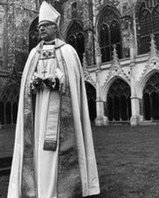 Dr Robert Runcie, Archbishop of Canterbury, in the precincts of Canterbury Cathedral in March 1980.