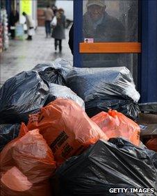 Pile of uncollected rubbish bags in Birmingham