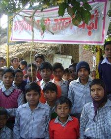 Students outside the Nalanda Public Shiksha Niketan School in Banka