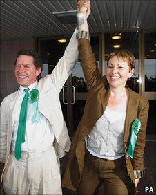 Caroline Lucas celebrating last year's election victory with her husband Richard Savage