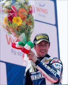 Eugene Laverty celebrates his victory in the first race at Monza