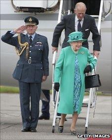 Queen Elizabeth II and Prince Philip arrive at Baldonnel Airport, Dublin, on 17 May 2011