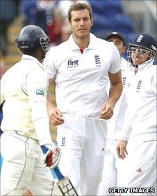 Chris Tremlett (centre) after bowling Tharanga Paranavitana on day two of the first Test in Cardiff