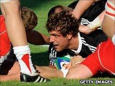 Baby Blacks skipper Luke Whitelock goes over against Wales U20 in Rovigo