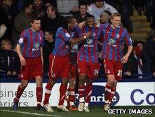 Kagisho Dikgacoi (second right) is congratulated by his team mates after scoring for Crystal Palace