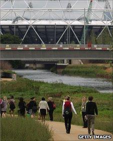 Visitors take a tour at the London 2012 Olympic Park