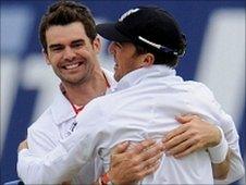 James Anderson celebrates with Graeme Swann